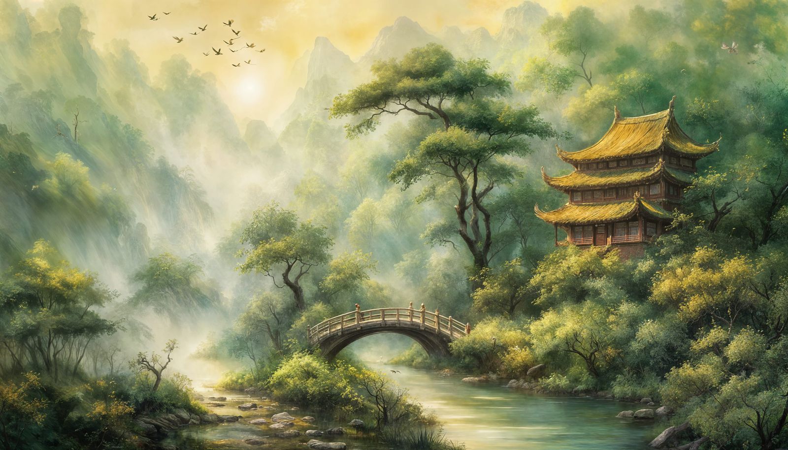 Ethereal Landscape in Golden Light, Inspired by Traditional...