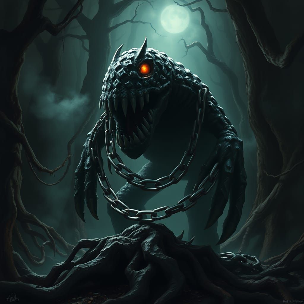 Dark Souls Chain Chomp in Beksiński-Frazetta Style