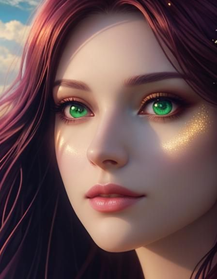 Ethereal young lady with long Burgundy hair and green eyes w...