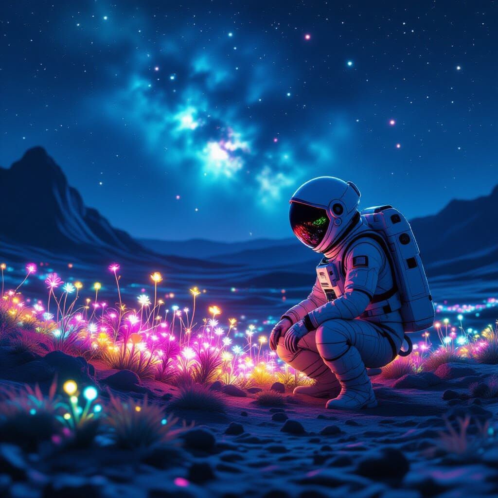 Astronaut Tends Alien Garden Under Nebula Sky