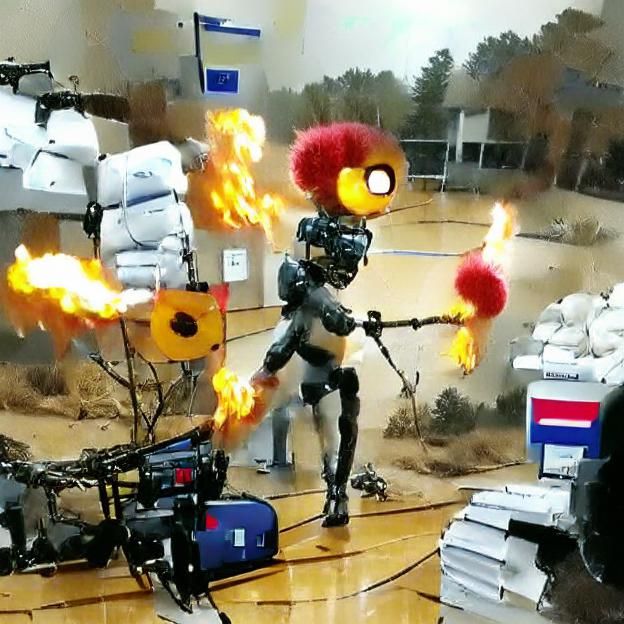 Humanoid Robot Wielding a Flamethrower in Fiery War