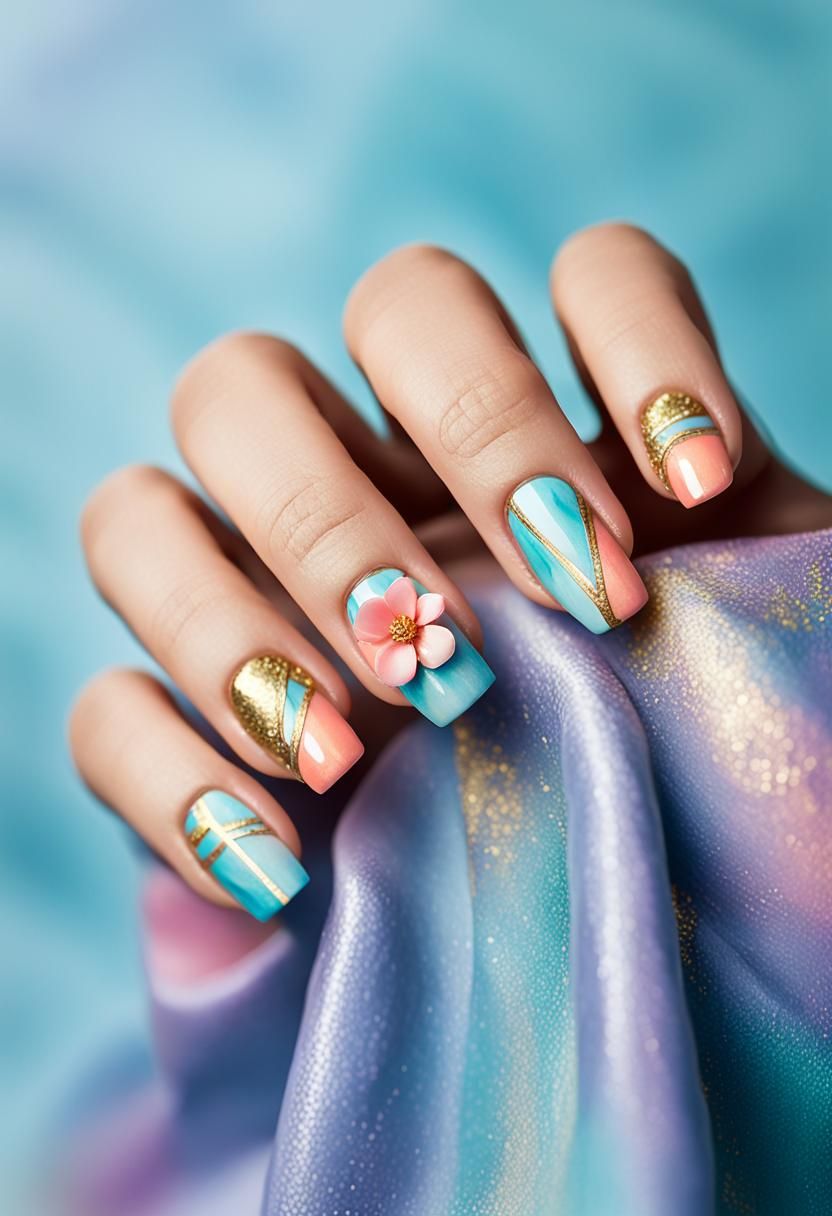 Elaborate Nail Art with Watercolor Flowers and Gold Accents