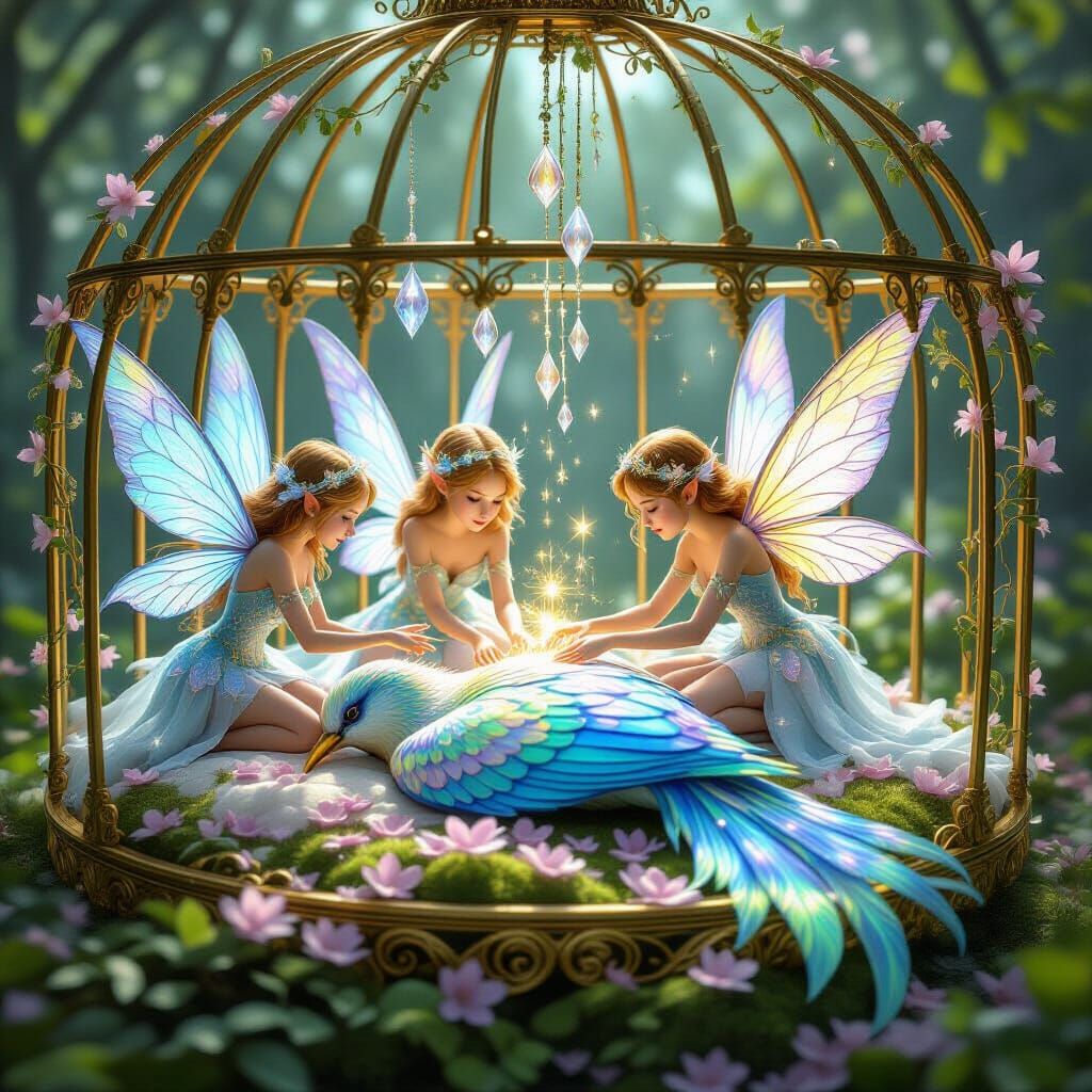 Fairies Healing Majestic Bird in Ornate Cage