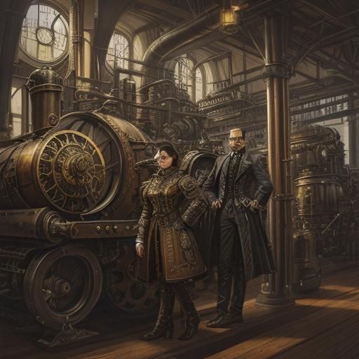 Steampunk Inventor and Engine Illustration