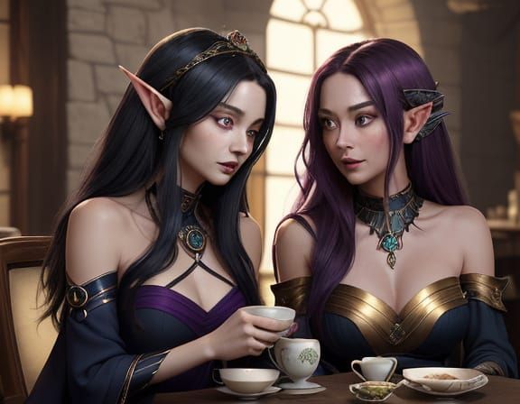 Whimsical Monster Girl Shares Tea with Enigmatic Elf in Fant...