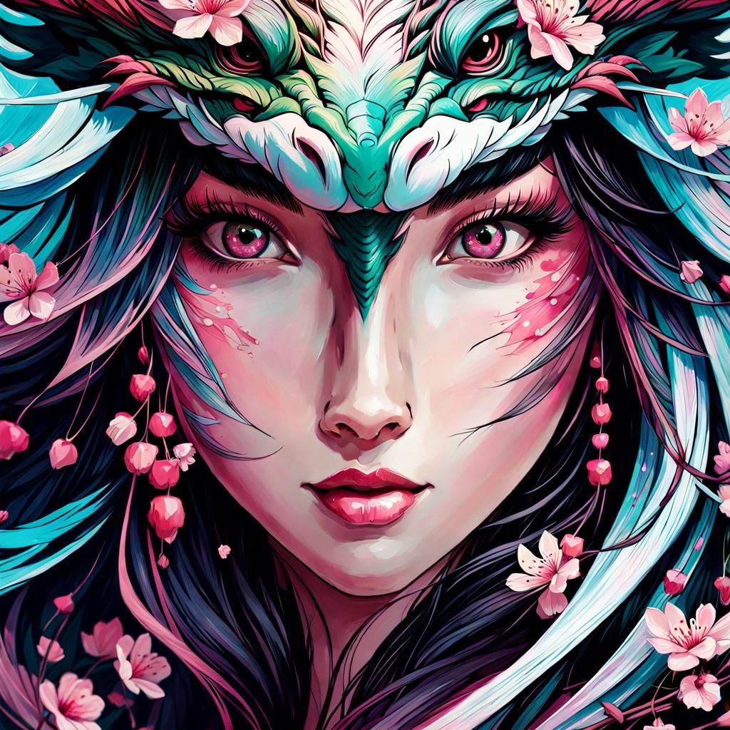 Cherry Blossom Dragon Portrait in Oil Painting Style