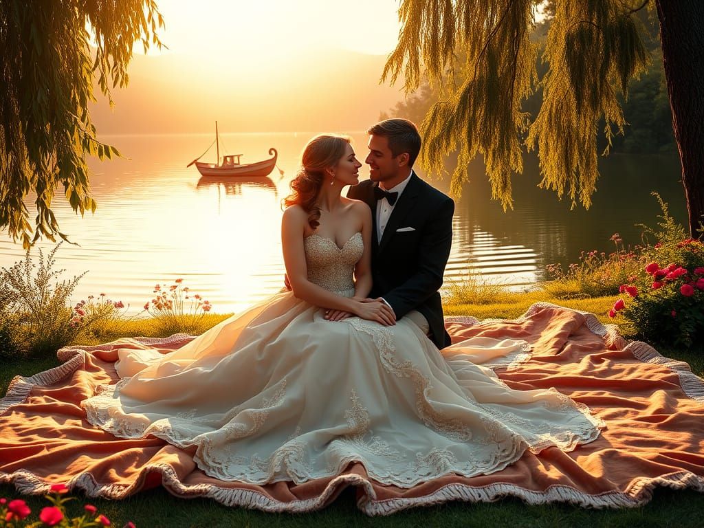 Romantic Lakeside Serenade in Dreamy Golden Light
