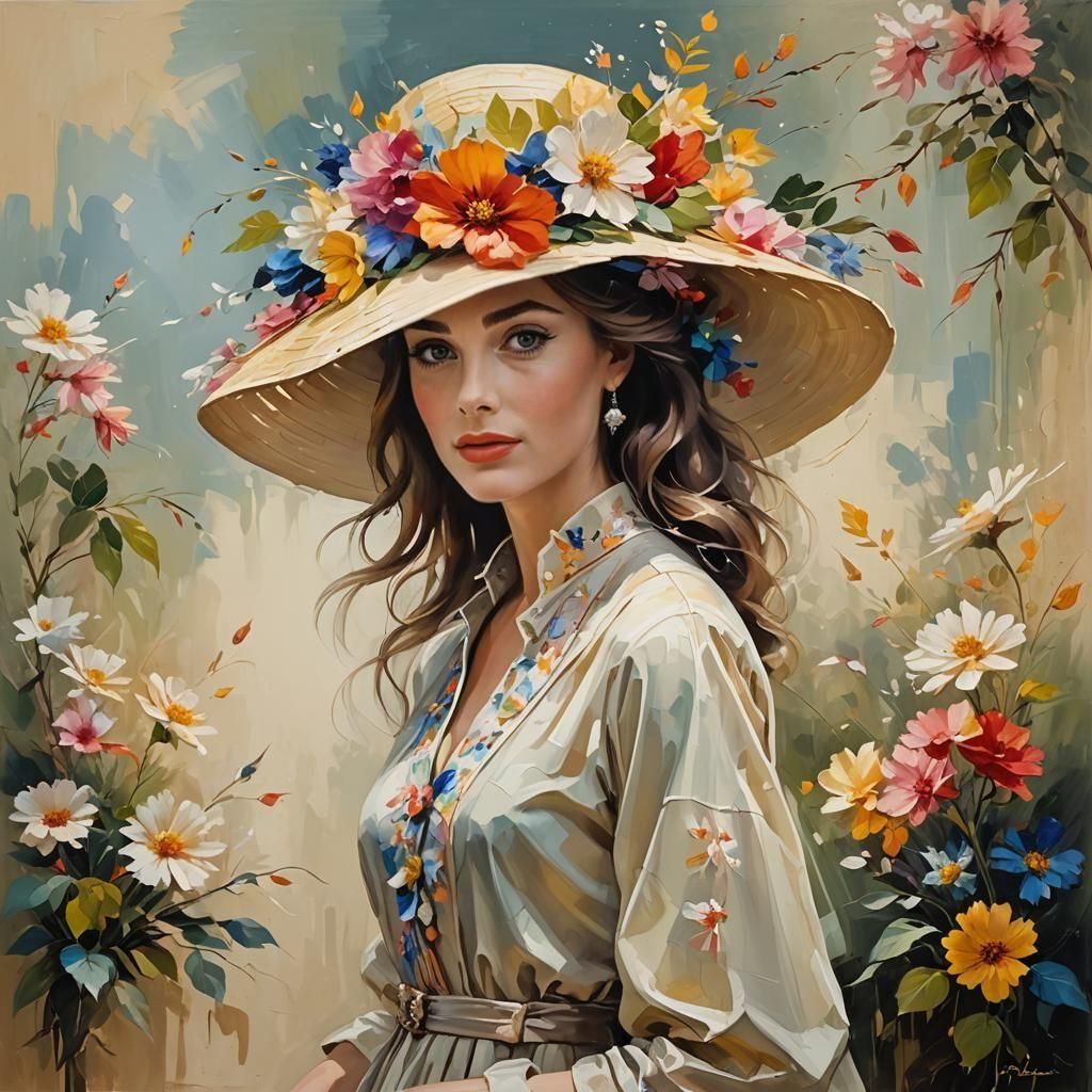 Elegant Woman in Flowery Hat: A Watercolor Masterpiece