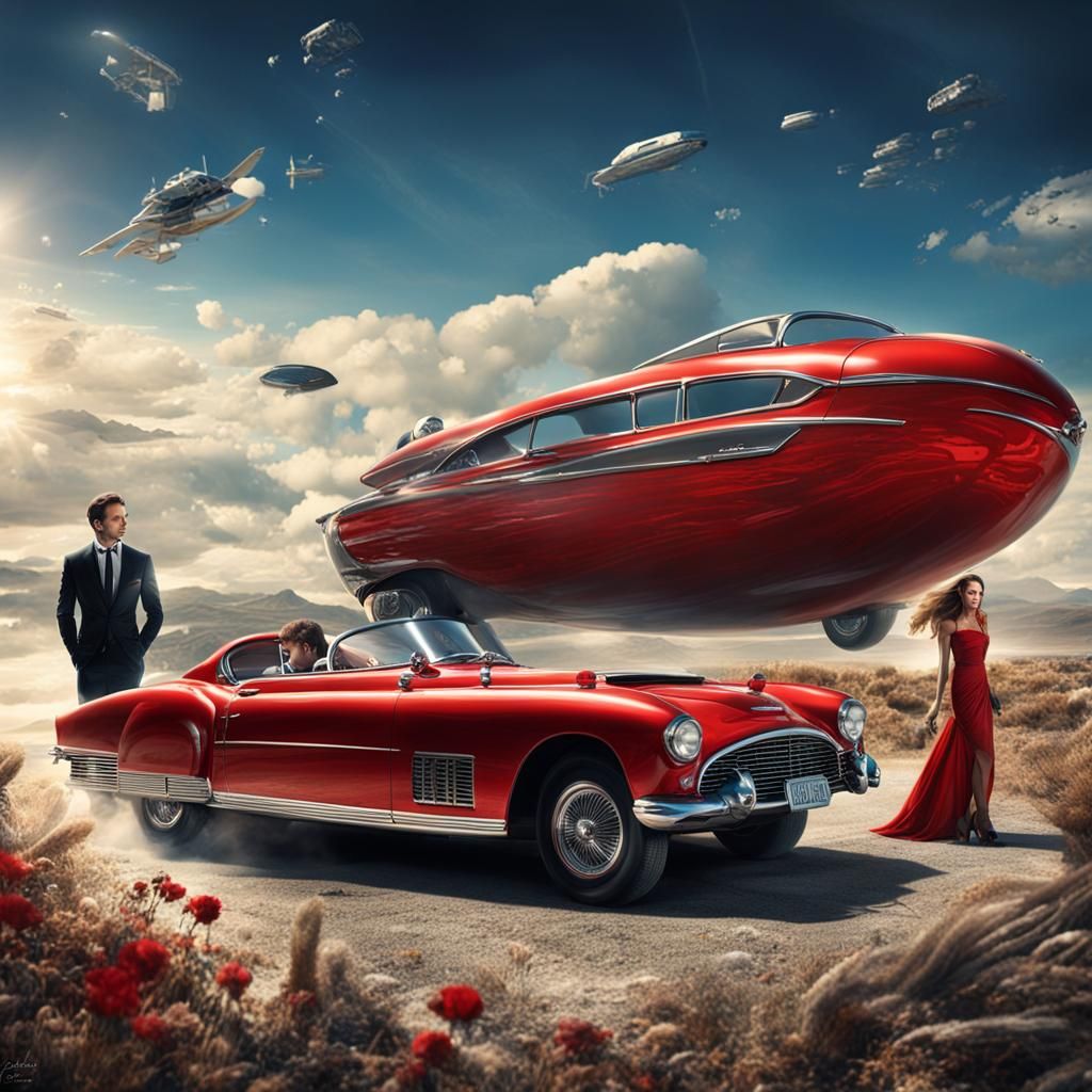 Fantasy Landscape Date with Red Car