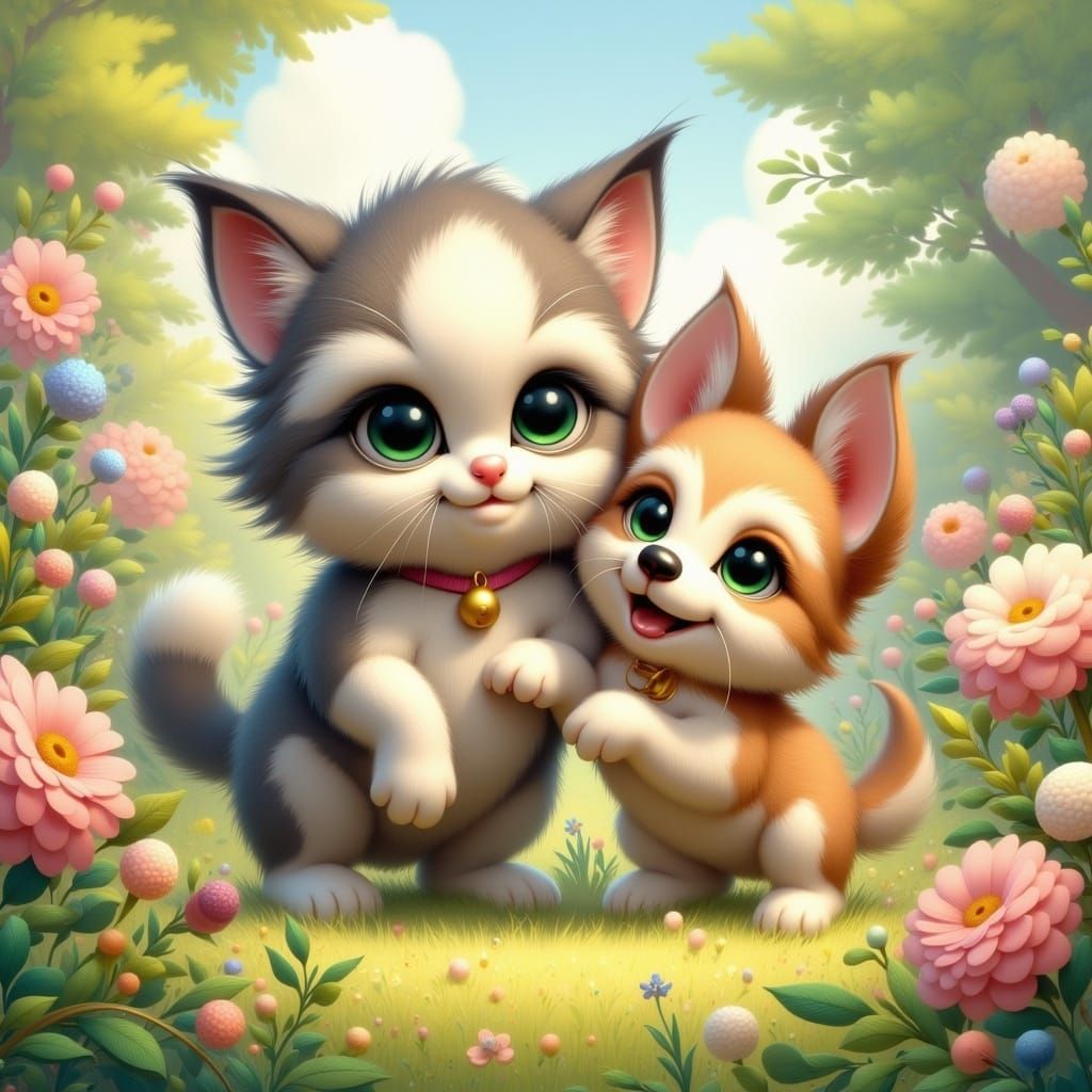 <lora:Ultra Cute Flux:1.0> Cute little cat fighting cute little dog.
