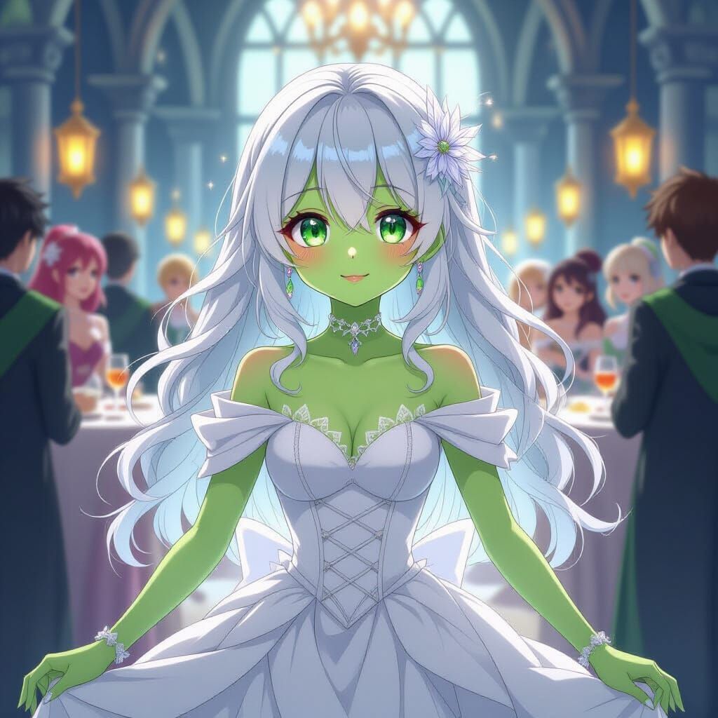 Anime Girl in Spiderweb Dress at Hogwarts Party