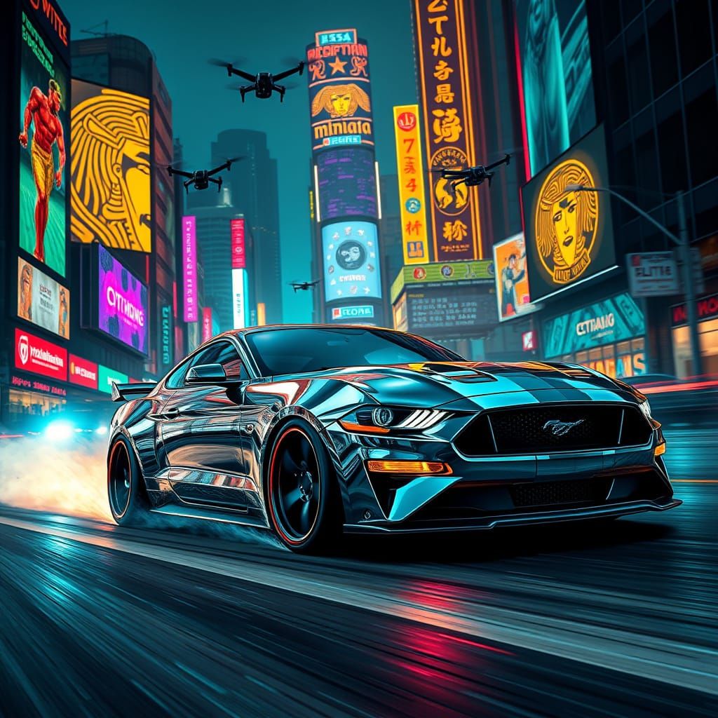 A heavily modified, chrome-plated 2025 Ford Mustang Night Pony hurtles down a neon-lit cyberpunk street, its engine roar...