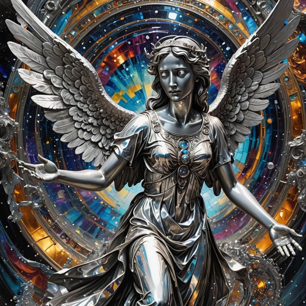 Silver Weeping Angel in Flight with Cosmic Background