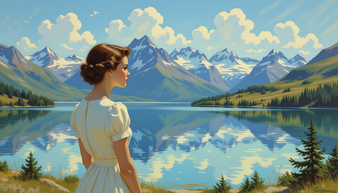 Audrey Gazes at a Beautiful Lake Peak in Oil Painting Style