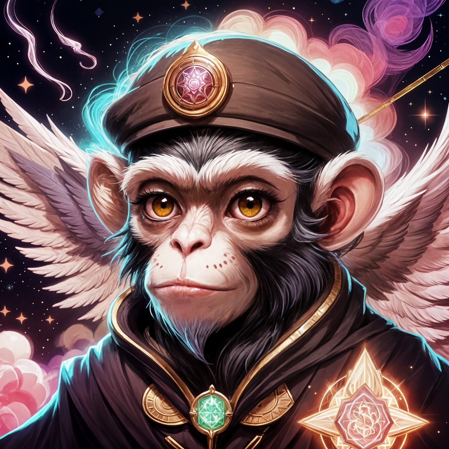 Mystical Primate Figure with Wings and Crystal Orb