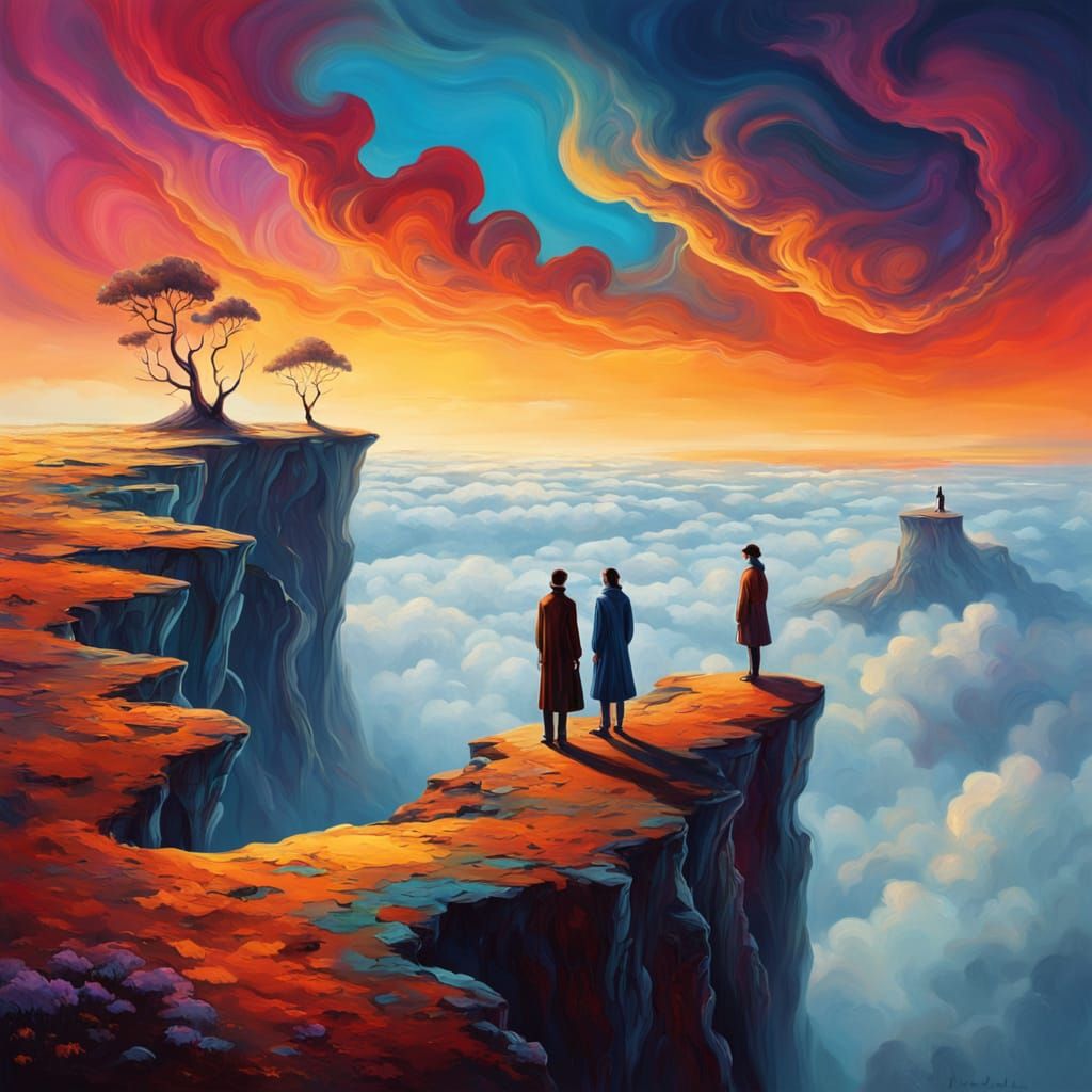 Ethereal Dreamscapes in Vibrant Oil: Two Figures at the Edge...