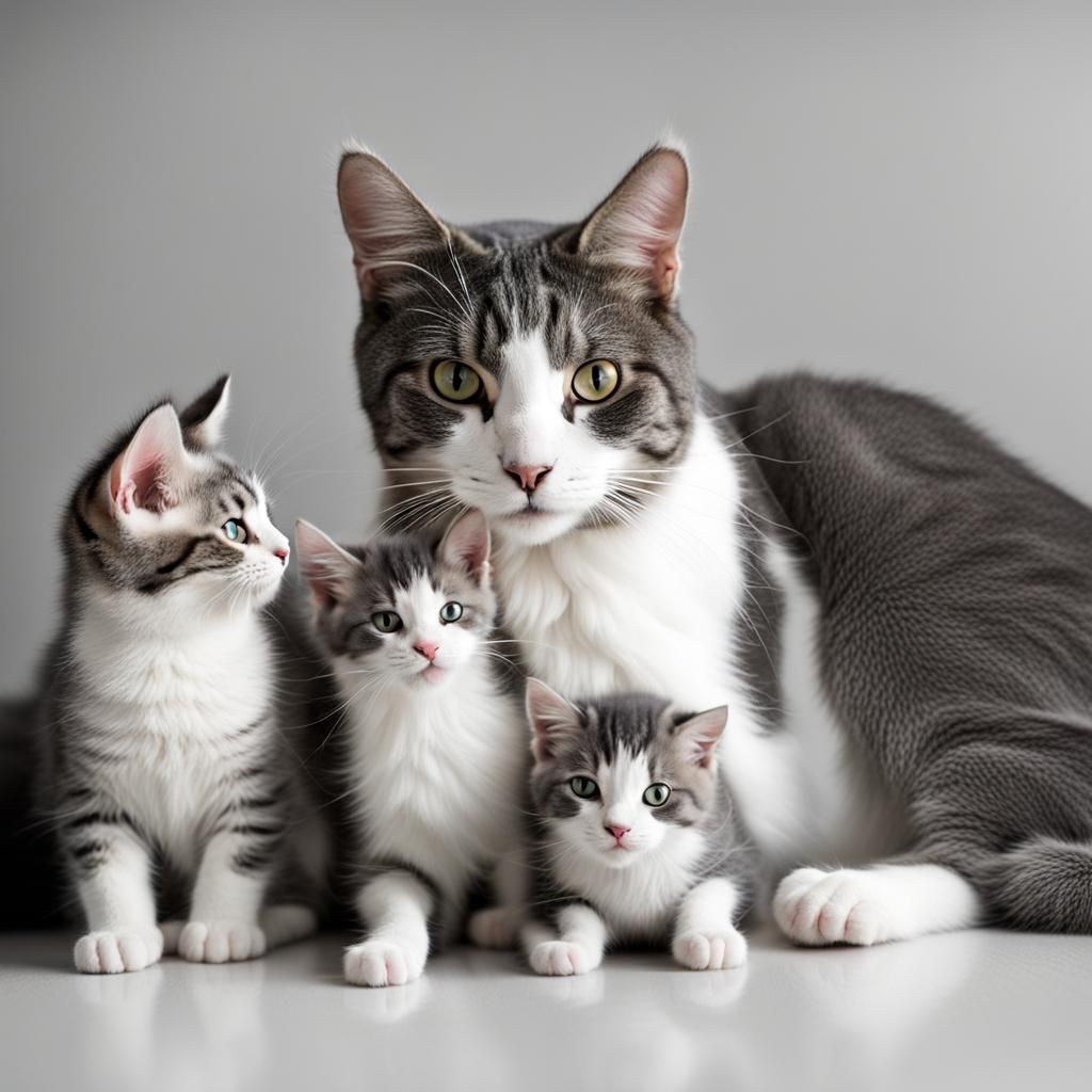 Grey and White Cat Playing with Kittens
