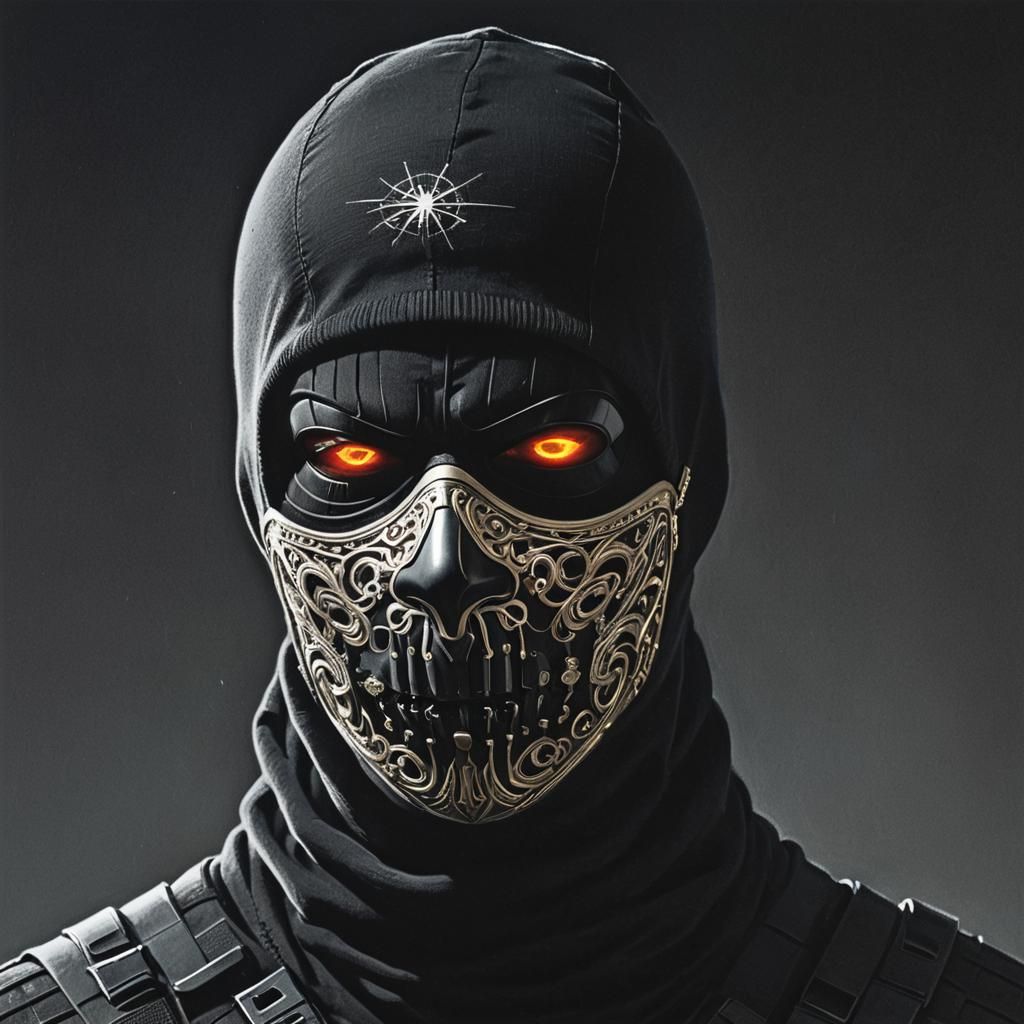 Sinister Balaclava with Laser Eyes in Dark Artwork