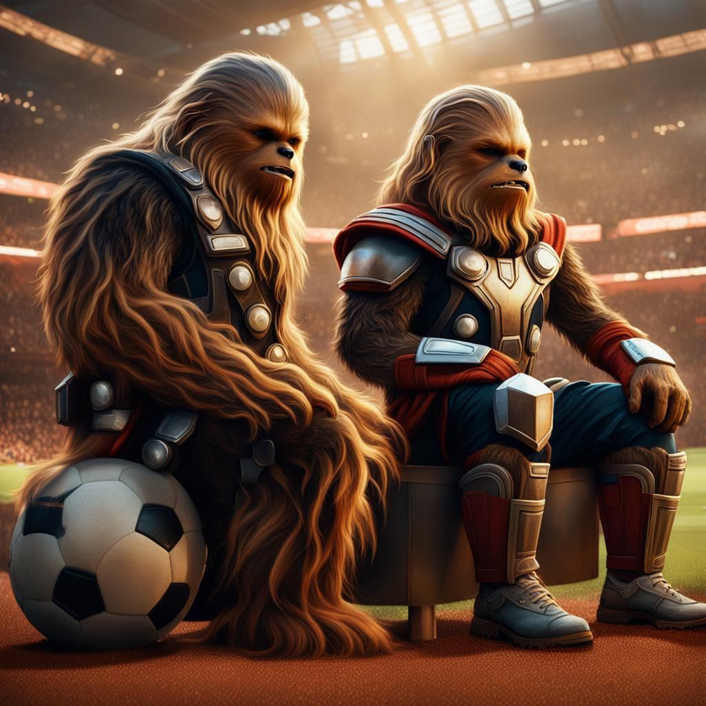 Chewbacca and Thor Watch Soccer: Detailed Matte Painting