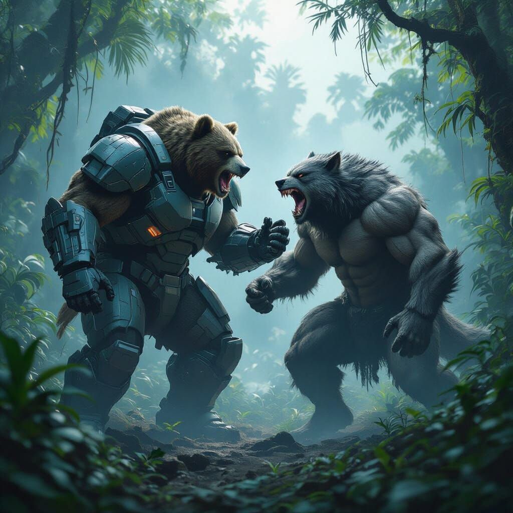 Bear Warrior Fights Werewolf in Futuristic Jungle