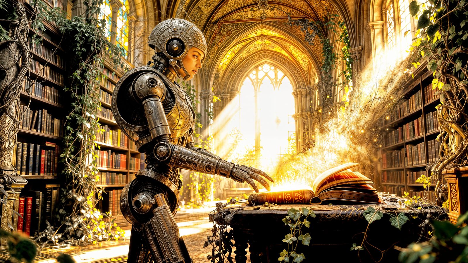 Antique Robot Discovers Glowing Tome in Overgrown Library