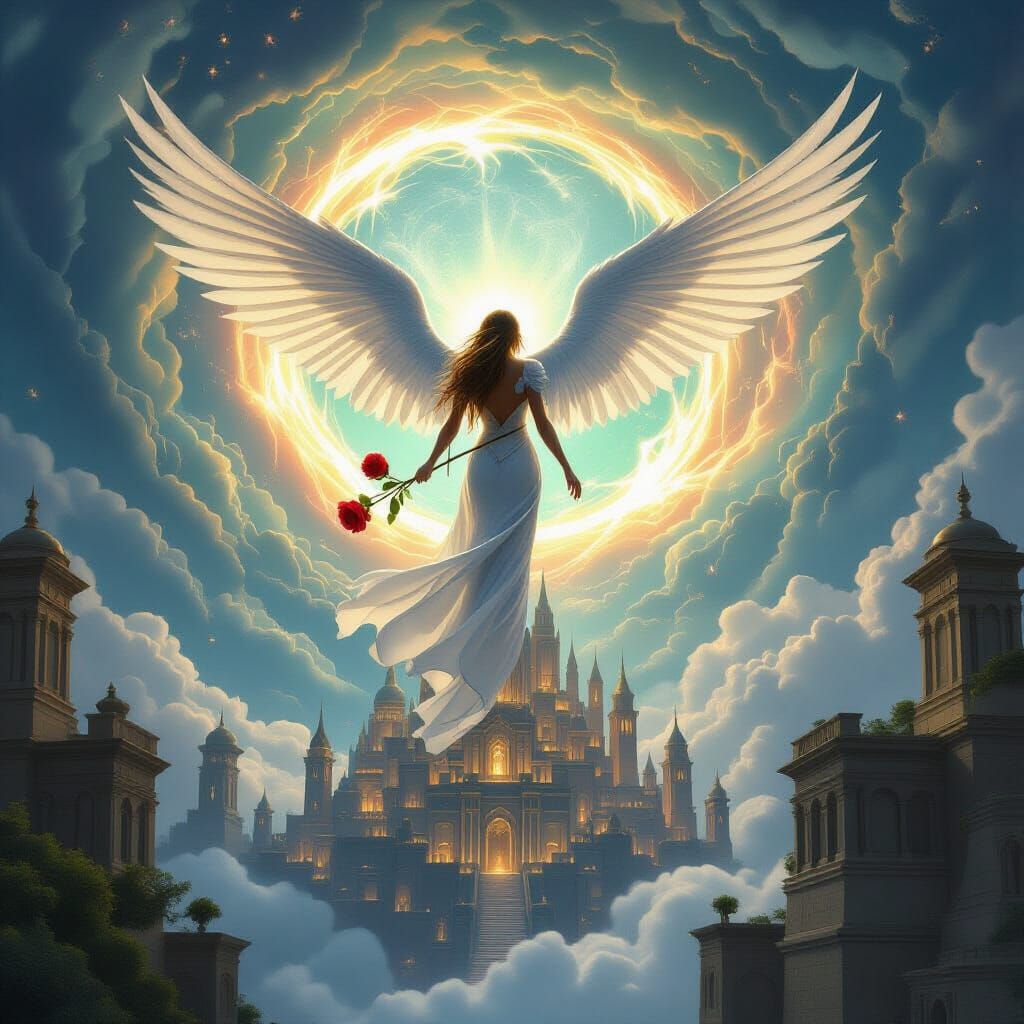 Angelic Descent Over Giant City in Ethereal Fantasy Style