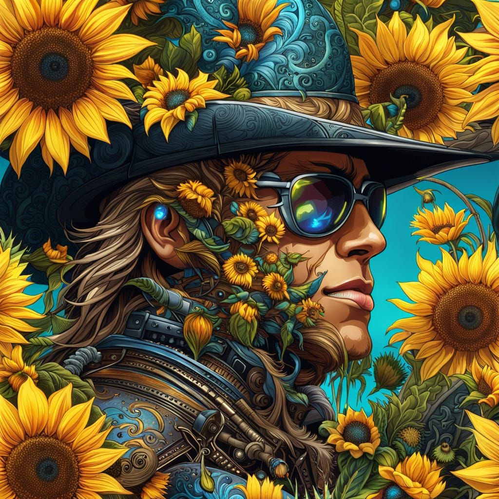 Floral Cyberpunk Cowboy Profile in Digital Illustration