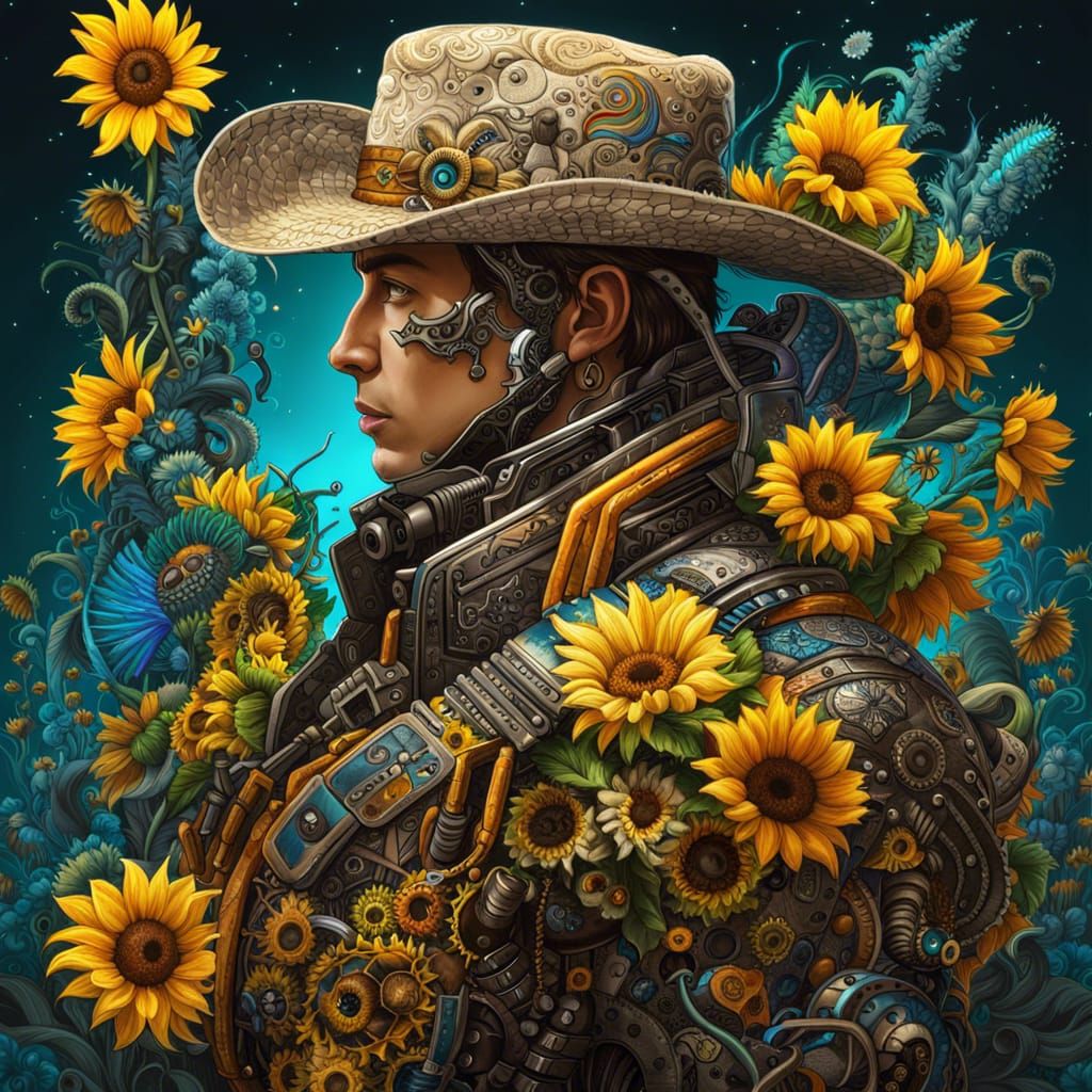 Floral Cyberpunk Cowboy Profile with Sunflowers