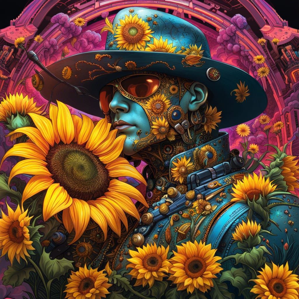 Floral Cyberpunk Cowboy with Sunflowers: Digital Illustratio...