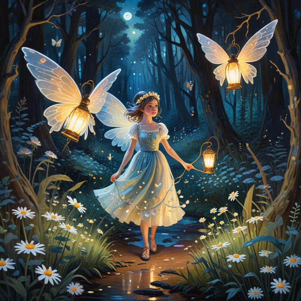 Whimsical Fairy Wanders Enchanted Forest at Dusk in Gouache ...