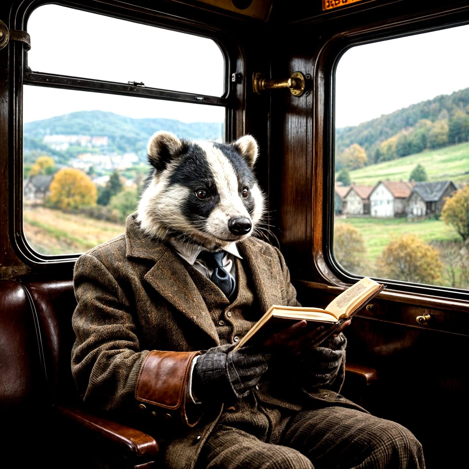 Anthropomorphic Badger on a Train, Vintage Style