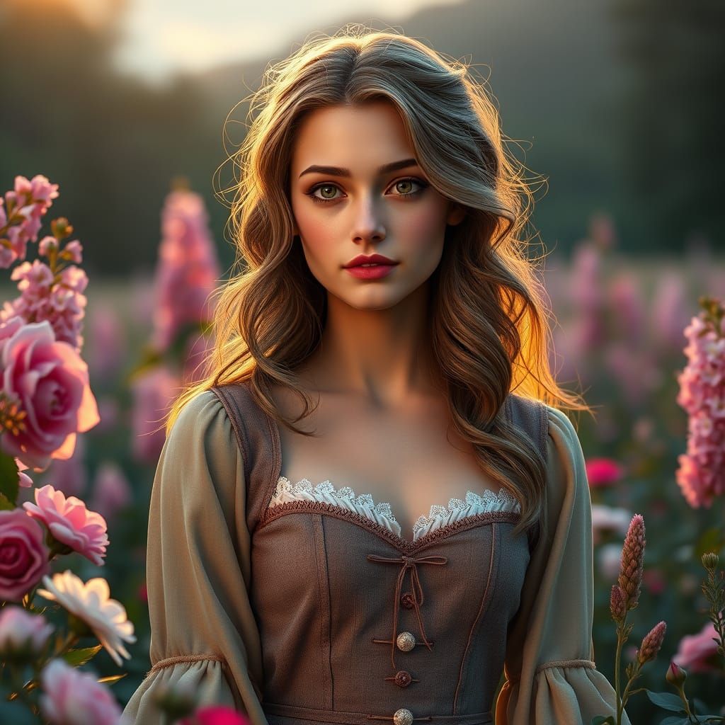 Medieval Maiden in a Dreamy Floral Oasis