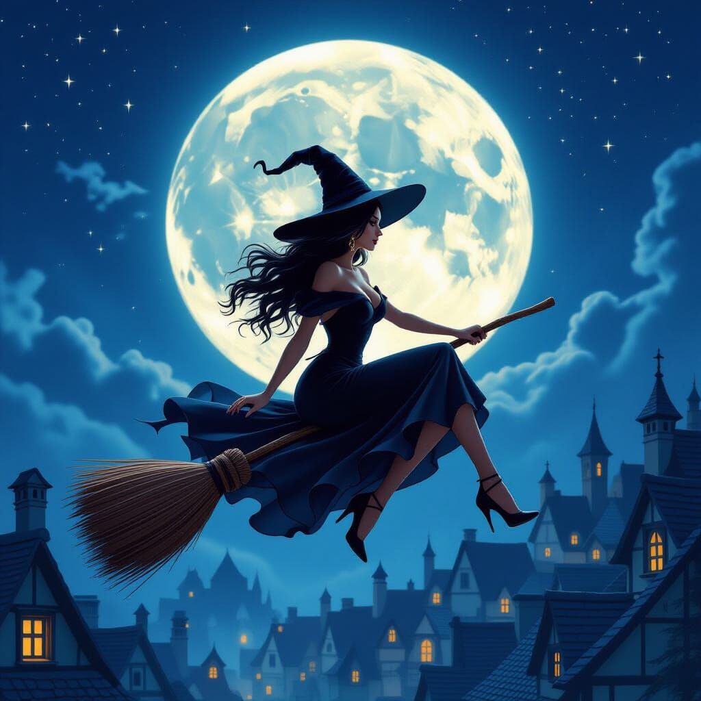 Witch Flying on Broomstick Under Full Moon