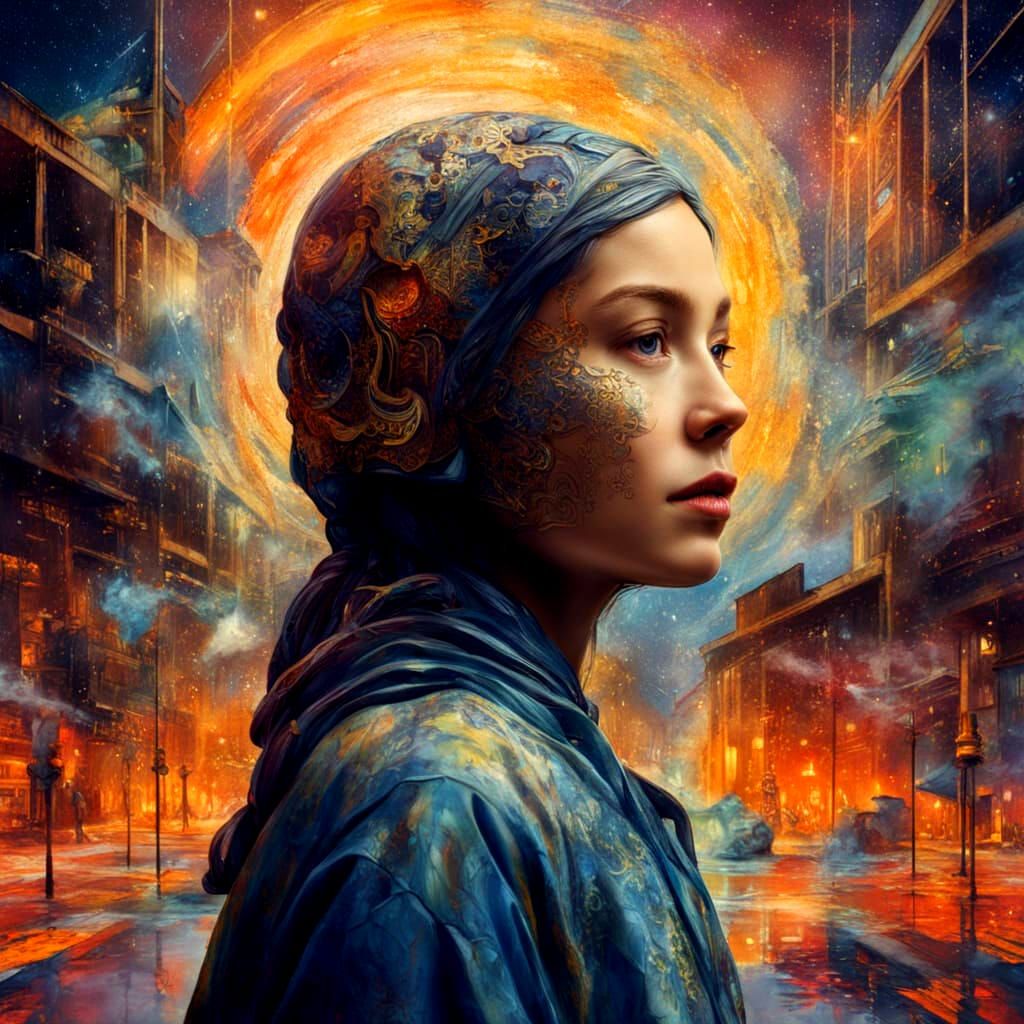 Mysterious Woman in Cosmic Galactic Landscape