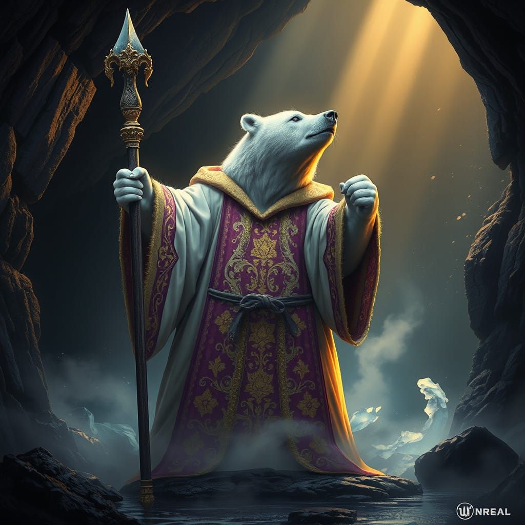 Majestic Spirit Bear Confronts Dark Cave Entrance in Fantasy...