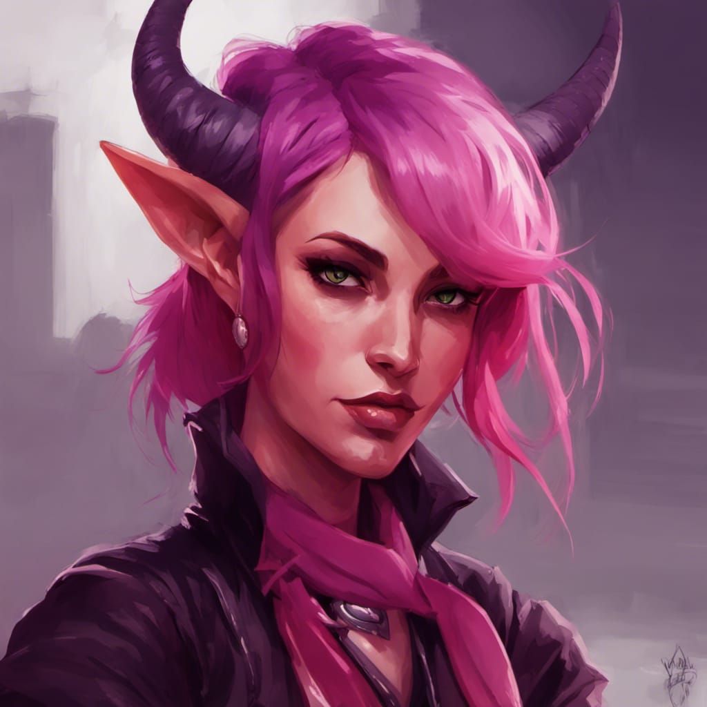 Purple Tiefling Rogue with Red Scarf and Pink Hair