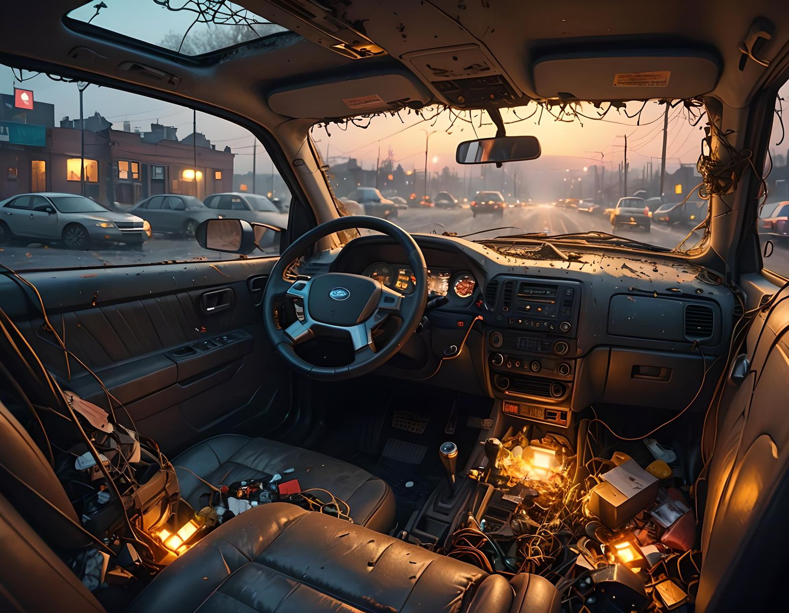 Messy Vehicle Interior with Lights and Windows