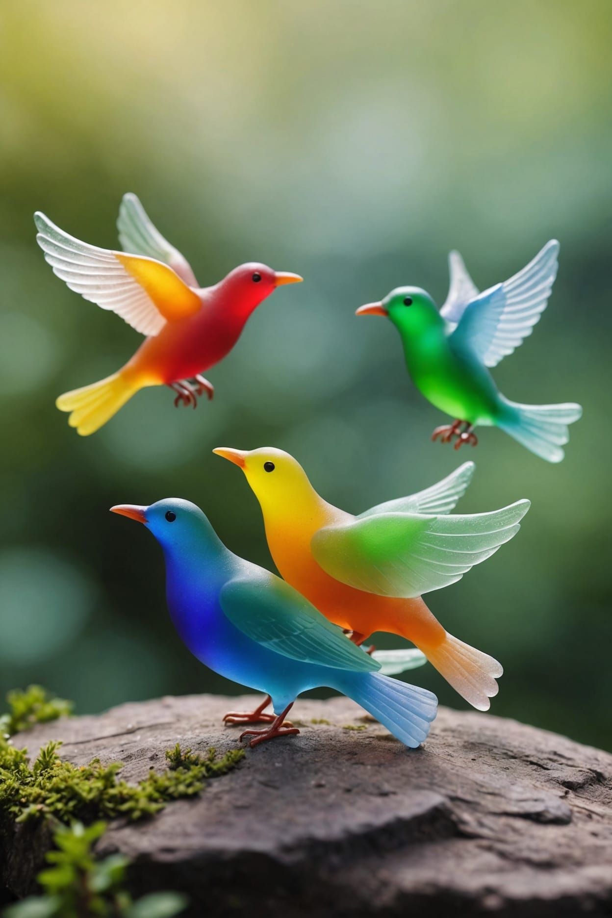 Handcrafted Sea Glass Rainbow Birds in Ethereal Setting