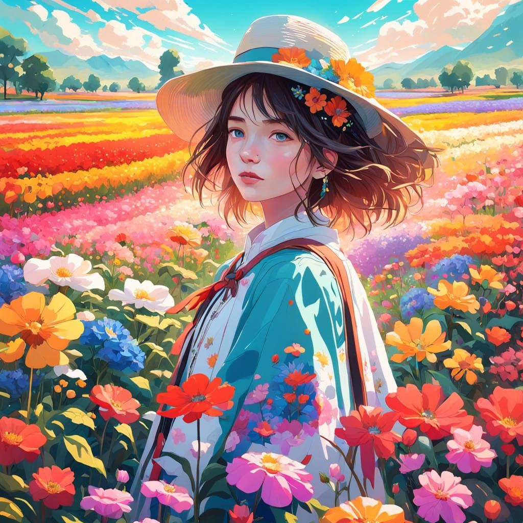 Vibrant Floral Portrait in Neo-Classical Style