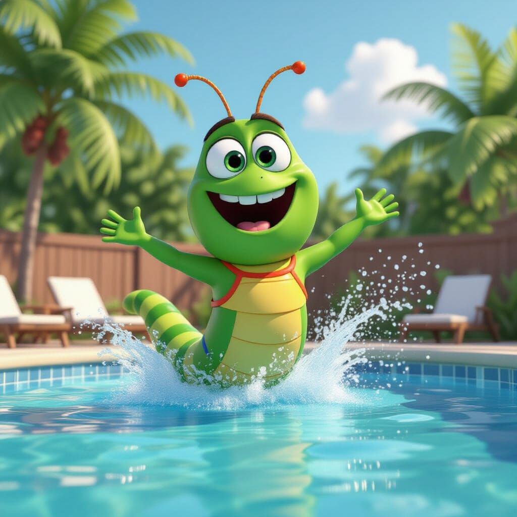 Cartoon Caterpillar Splash in Pixar Style
