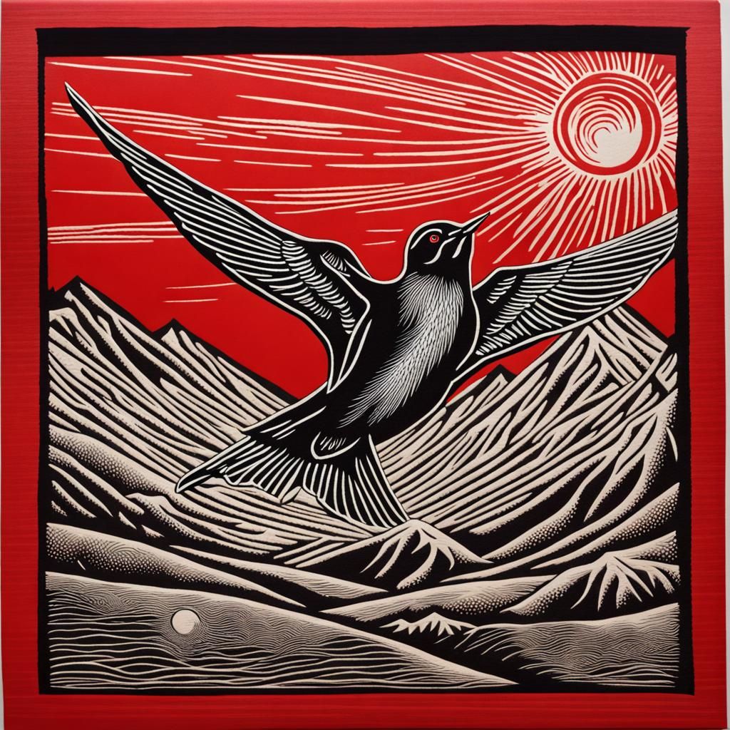 Scarlet Linocut Print: Swallows Over Mountains