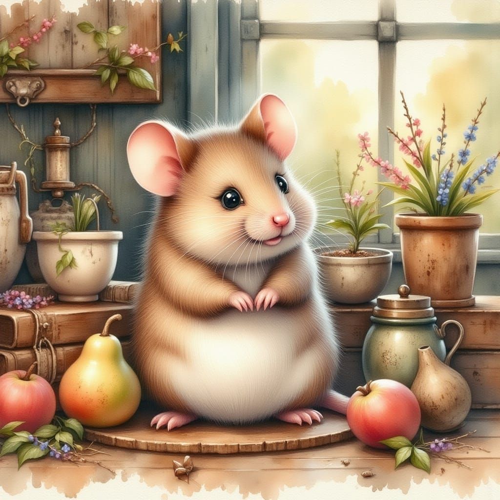 Adorable Mouse in Vintage Kitchen, Antique Watercolor Style