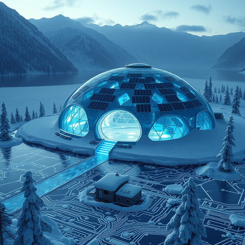 Majestic Cyberpunk Igloo Mansion Illuminated by Solar Panels