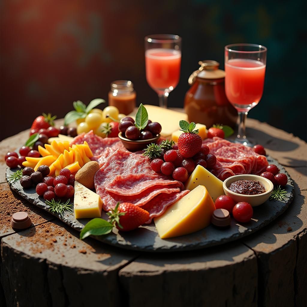 Gourmet Food and Dessert Platter, Hyperrealistic Style