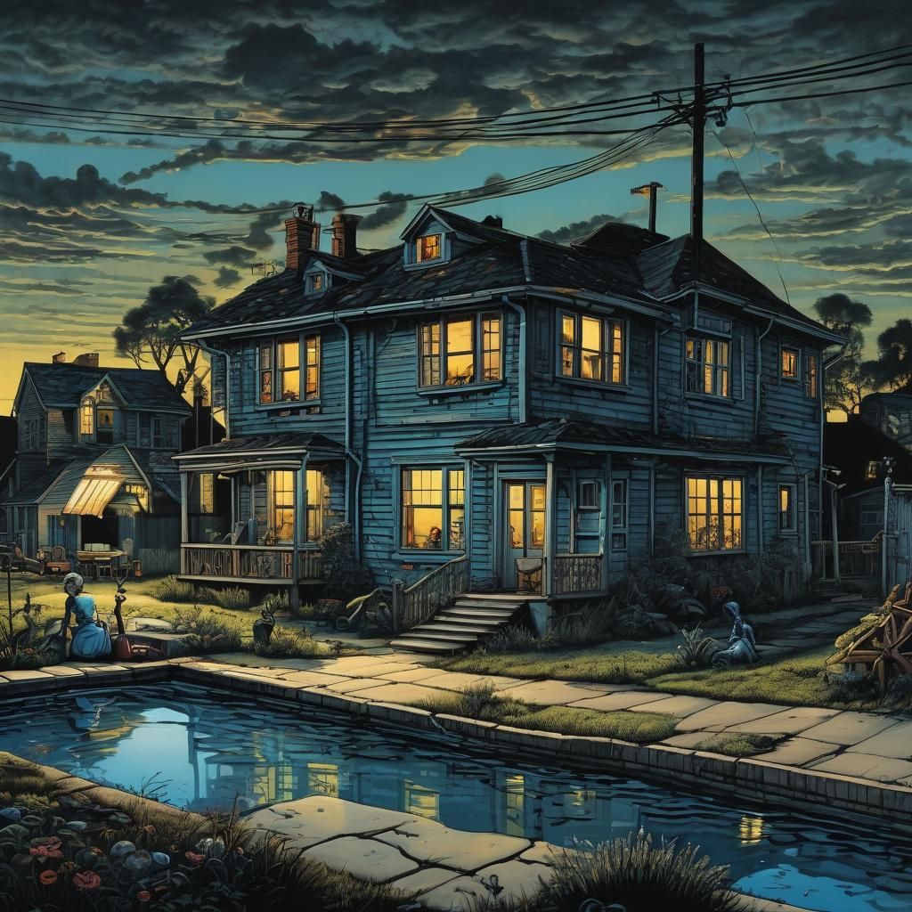 Contrasting Homes at Twilight in Acrylic Style