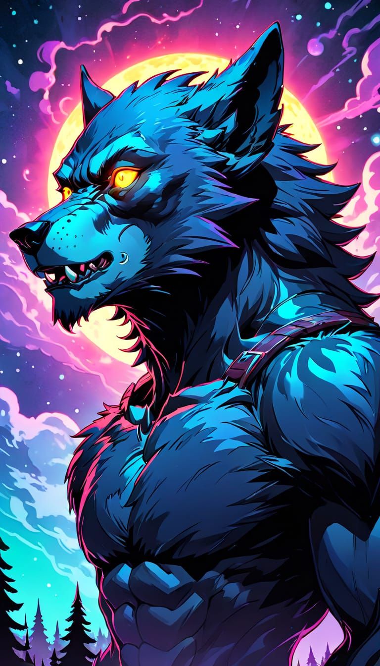 Werewolf Silhouette in Pop Surrealist Comic Style