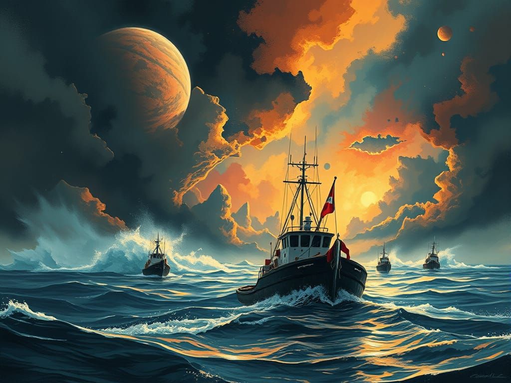 Fishing Boat Returns to Stormy Alien Harbor