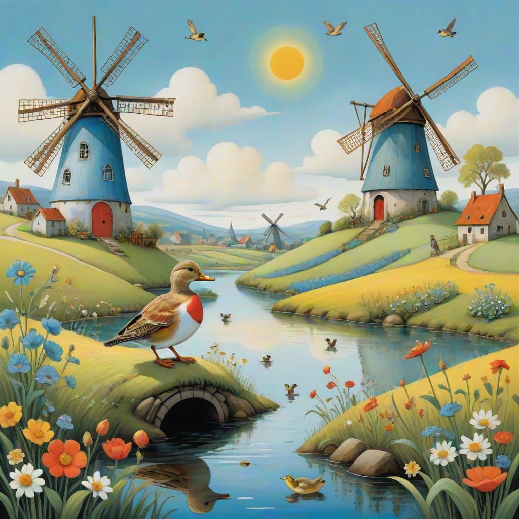 Whimsical Dutch Folk Landscape with Linnet and Duck in Iride...