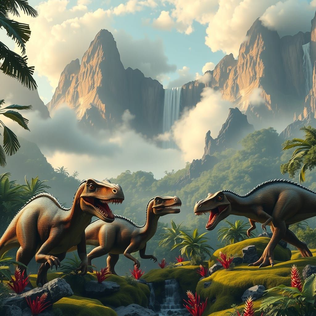 Dinosaurs Hunting in Prehistoric Landscape, 3D Render