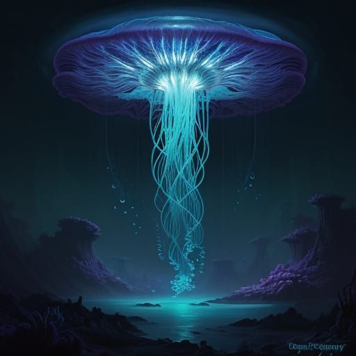 Colossal Bioluminescent Jellyfish in Deep Sea Abyss